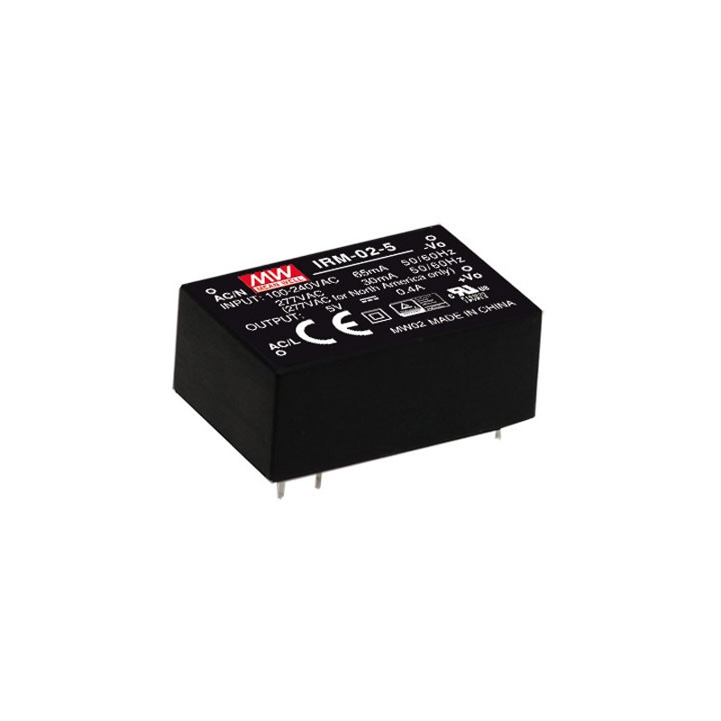1 pcs - MEAN WELL Switching Power Supply, IRM-02-5, 5V dc, 400mA, 2W, 1 Output, 120 - 430 V dc, 85 - 305 V ac