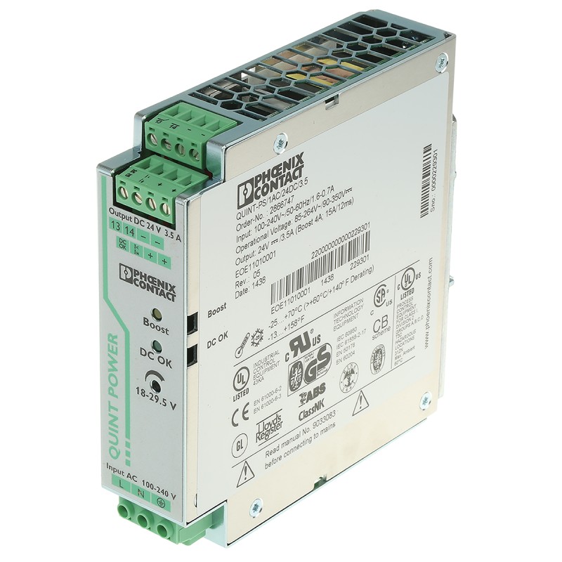 1 pcs - Phoenix Contact QUINT-PS/1AC/24DC/3.5 Switch Mode DIN Rail Power Supply, 85 - 264V ac ac Input, 24V dc dc