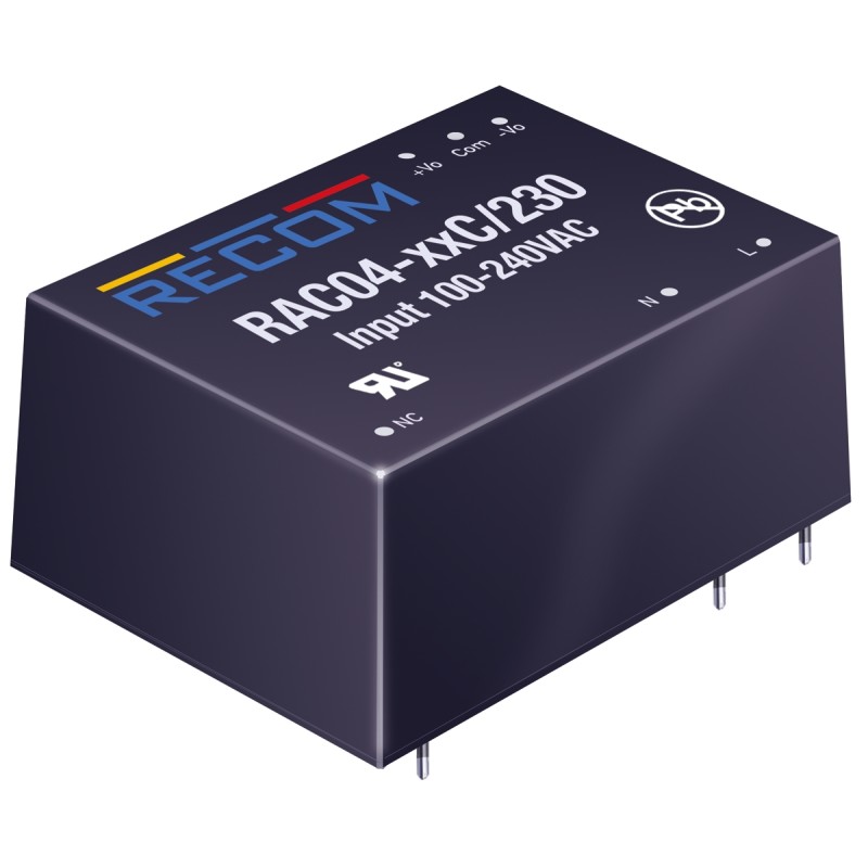 1 pcs - Recom Switching Power Supply, RAC04-12SC/230, 12V dc, 333mA, 4W, 1 Output, 80 - 264V ac Input Voltage