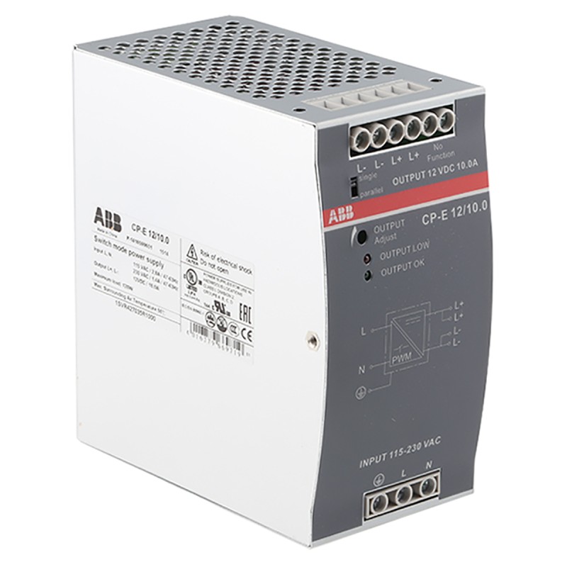 1 pcs - ABB CP-E Switch Mode DIN Rail Power Supply, 90 - 132V ac ac, dc Input, 12V dc dc Output, 10A Output, 120W
