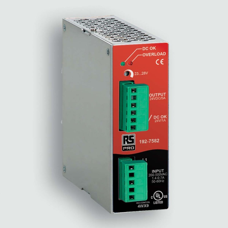 1 pcs - RS PRO Switch Mode DIN Rail Power Supply, AC 187–550V ac, dc Input, 23-28V dc dc Output, 5A Output, 120W