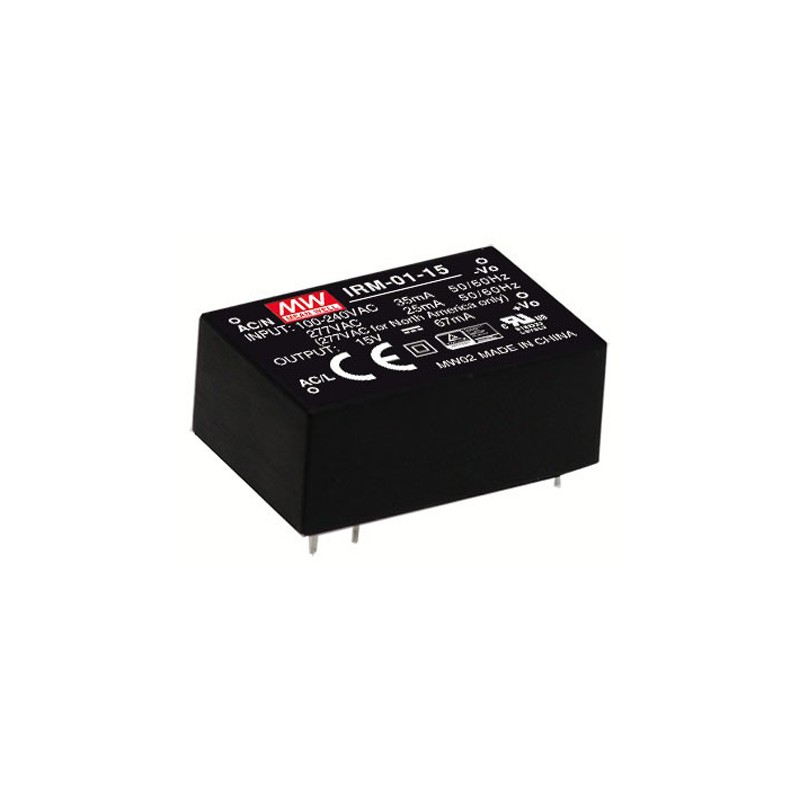 1 pcs - MEAN WELL Switching Power Supply, IRM-01-15, 15V dc, 67mA, 1W, 1 Output, 120 - 430 V dc, 85 - 305 V ac