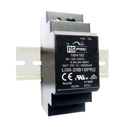1 pcs - RS PRO DIN Rail Power Supply, 120 - 370 V dc, 85 - 264 V ac ac, dc Input, 15V dc Output, 2A Output, 30W