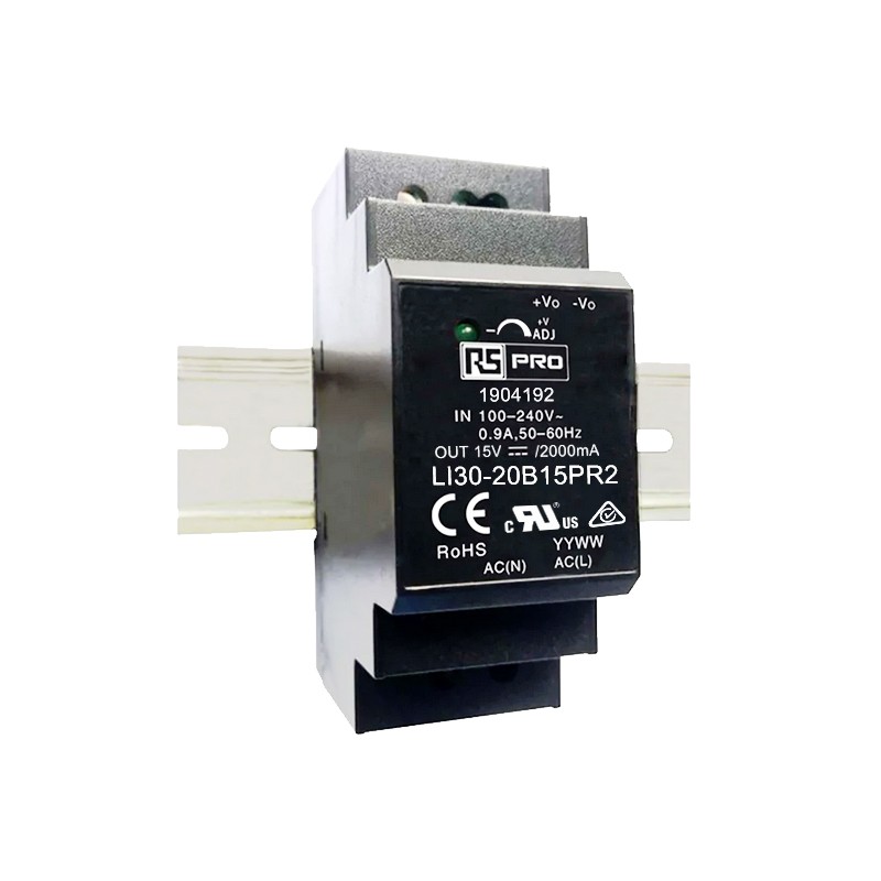 1 pcs - RS PRO DIN Rail Power Supply, 120 - 370 V dc, 85 - 264 V ac ac, dc Input, 15V dc Output, 2A Output, 30W