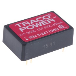 1 pcs - TRACOPOWER TEN 3WIN DC-DC Converter, 5V dc/ 600mA Output, 9 - 36 V dc Input, 3W, Through Hole, +85°C Max Temp