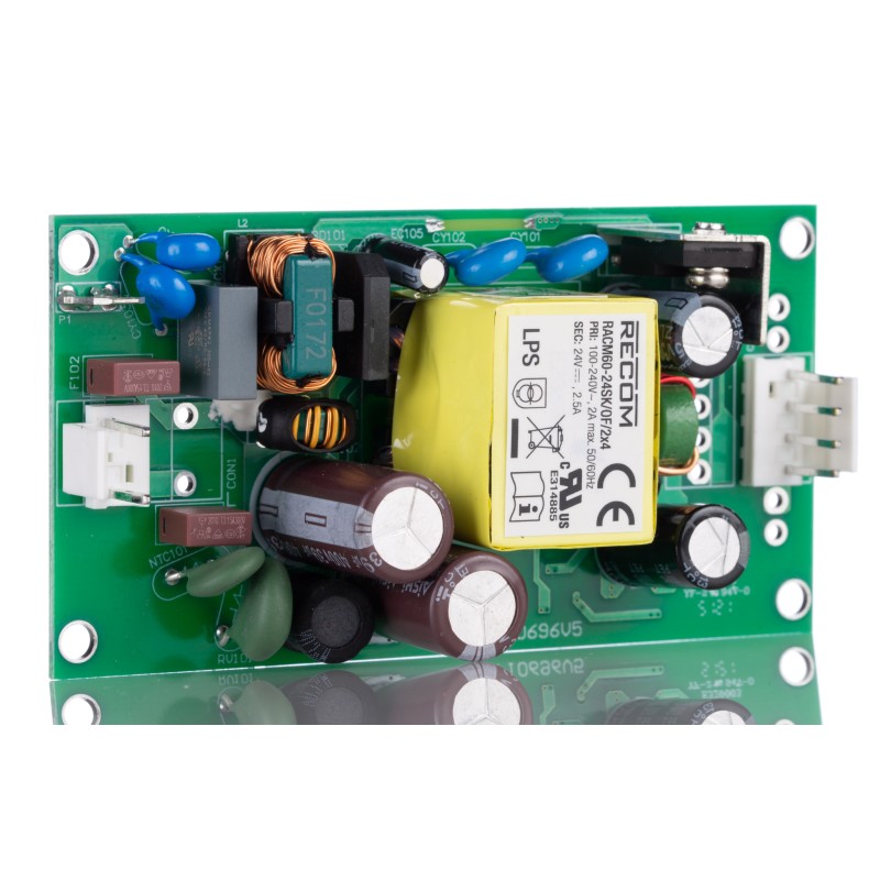 1 pcs - Recom Switching Power Supply, RACM60-24SK/OF/2x4, 24V dc, 2.5A, 60W, 1 Output, 80 - 264V ac Input Voltage