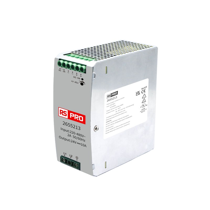 1 pcs - RS PRO DIN Rail Power Supply, 180 - 550V ac ac, dc Input, 24 - 28V dc Output, 10A Output, 240W