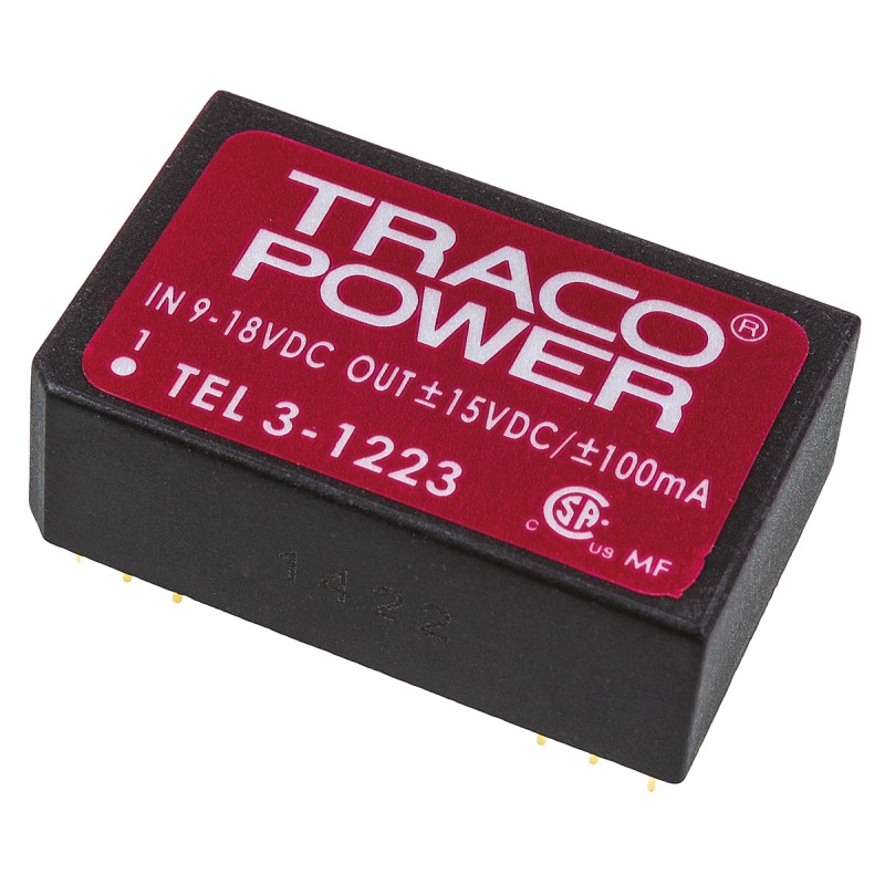 1 pcs - TRACOPOWER TEL 3 DC-DC Converter, ±15V dc/ ±100mA Output, 9 - 18 V dc Input, 3W, Through Hole, +85°C Max Temp