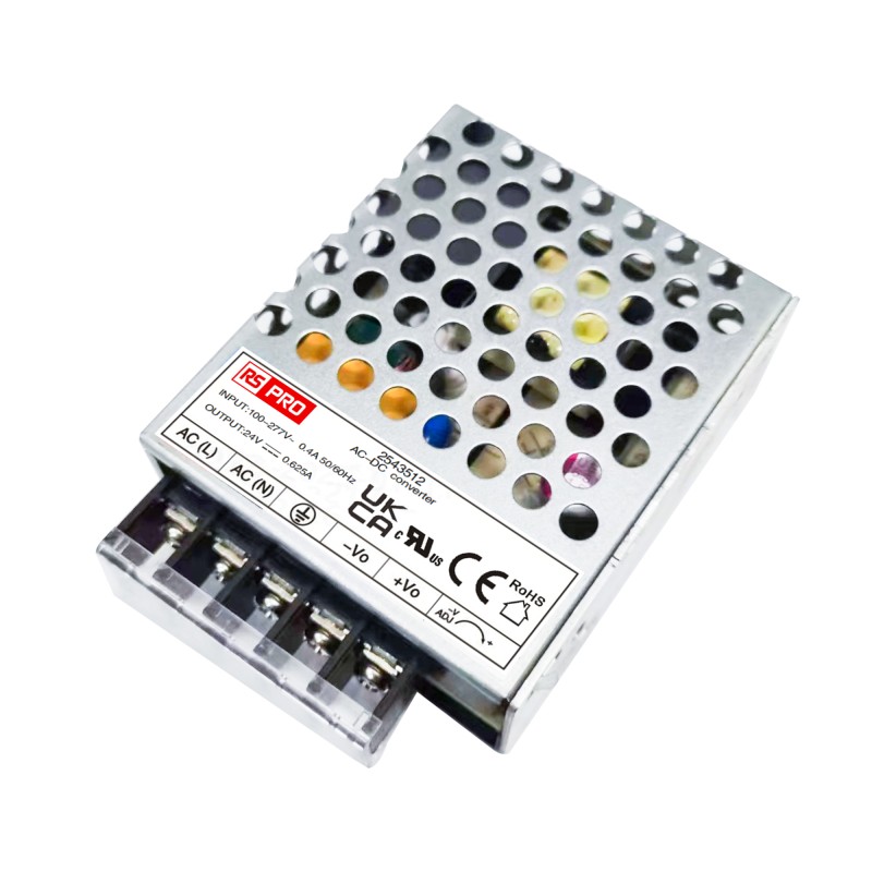 1 pcs - RS PRO AC-DC Power Supply, 24V dc, 625mA, 15W, 1 Output, 100 - 430V dc Input Voltage