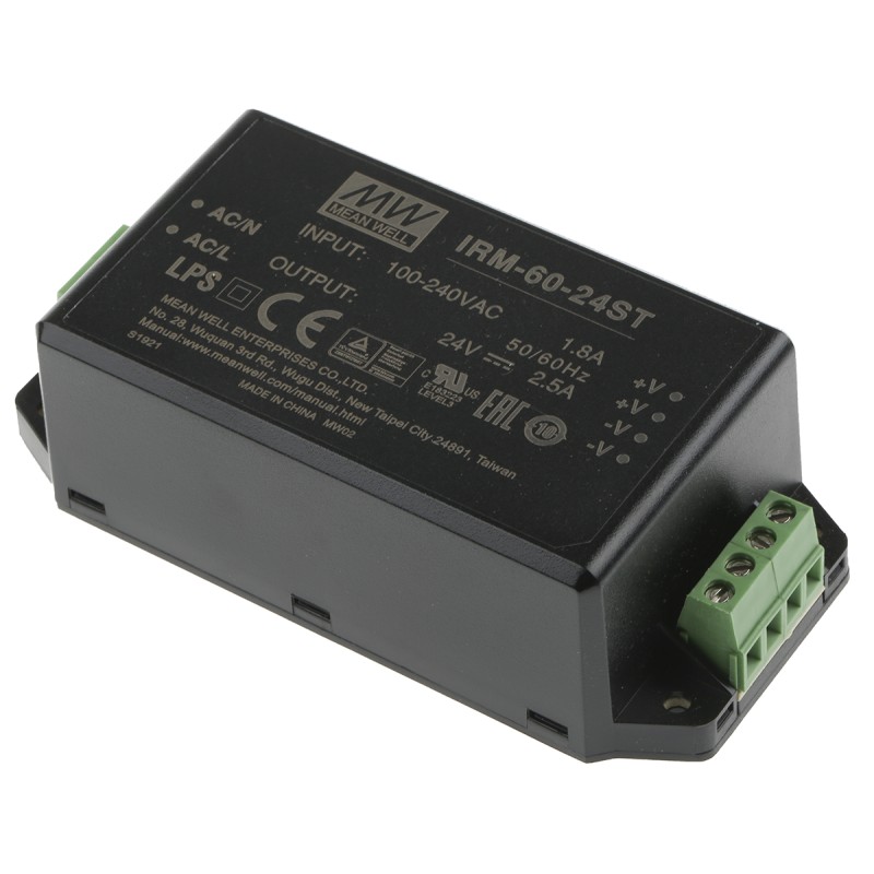 1 pcs - MEAN WELL Switching Power Supply, IRM-60-24ST, 24V dc, 2.5A, 60W, 1 Output, 85 - 264V ac Input Voltage