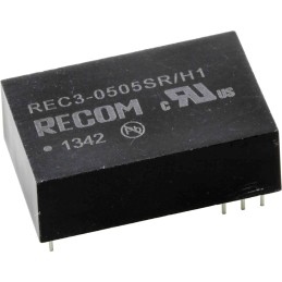 1 pcs - Recom REC3 DC-DC Converter, 5V dc/ 600mA Output, 4.25 - 5.75 V dc Input, 3W, Through Hole, +80°C Max Temp -40°C