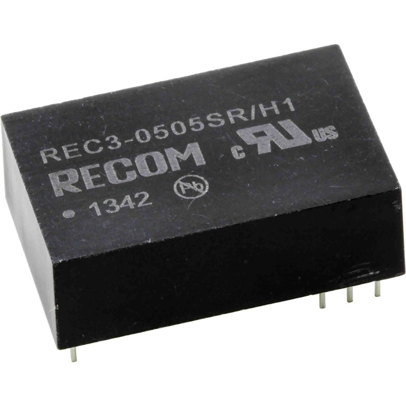 1 pcs - Recom REC3 DC-DC Converter, 5V dc/ 600mA Output, 4.25 - 5.75 V dc Input, 3W, Through Hole, +80°C Max Temp -40°C