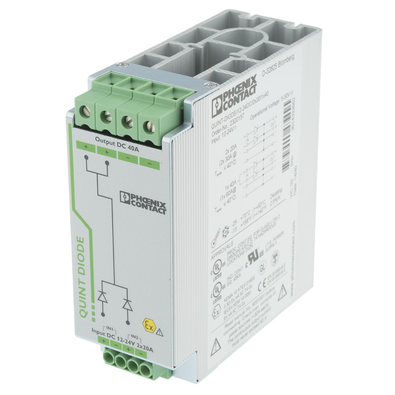1 pcs - Phoenix Contact DIN Rail Diode Module, for use with DIN Rail Unit, QUINT-DIODE/12-24DC/2X20/1X40 Series