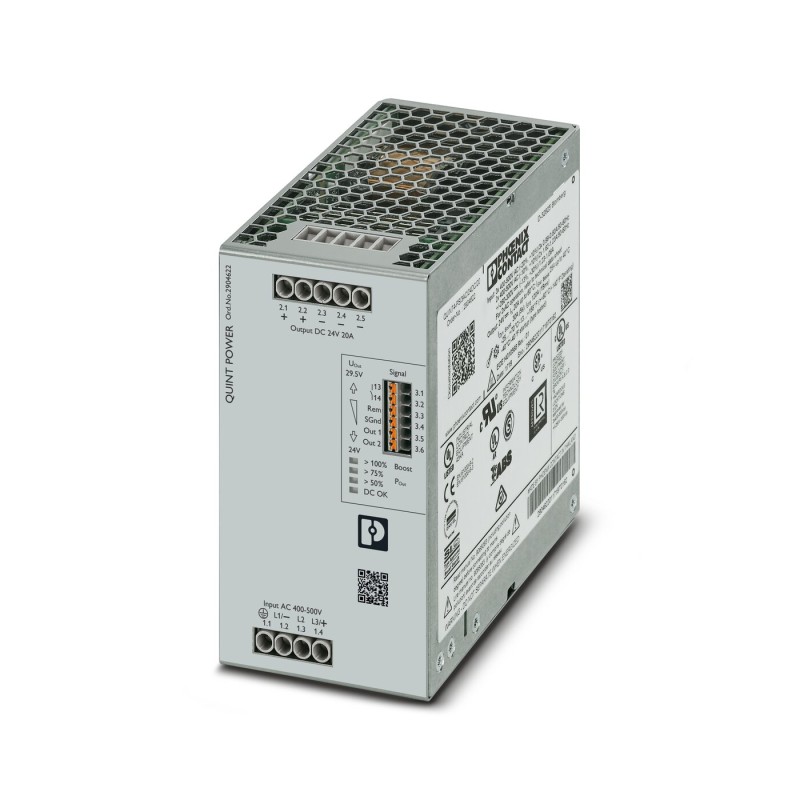 1 pcs - Phoenix Contact QUINT4-PS/3AC/24DC/20 Switch Mode DIN Rail Power Supply, 400V ac ac Input, 24V dc dc Output, 20A
